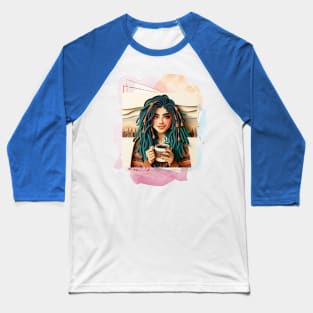 Coffee First (blue dreads girl holds steaming cup) Baseball T-Shirt